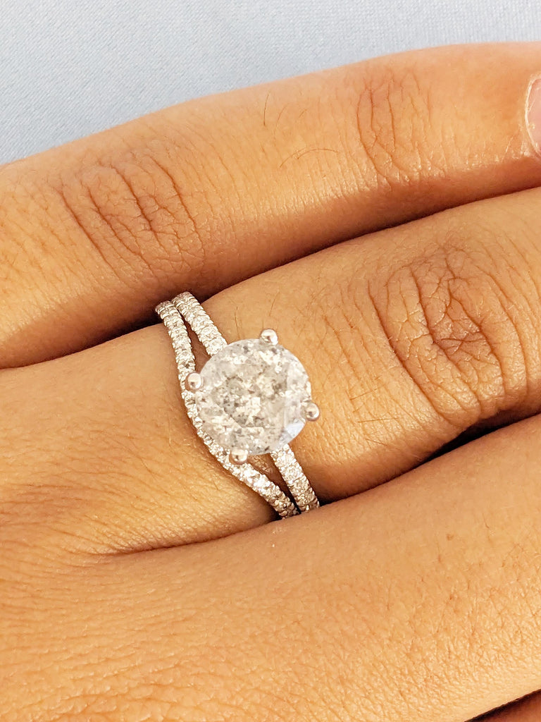 Hidden Halo Engagement Ring, Art Deco White Gold Ring, Dainty Diamond Ring, Moissanite Matching Ring, Salt and Pepper Diamond Statement Ring