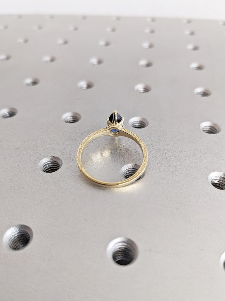 Blue Lab Sapphire Ring, Marquise Engagement Ring, 14K Yellow Gold Filigree Wedding Ring, Petite Thin Band, Gold Statement Ring, Gift for Her