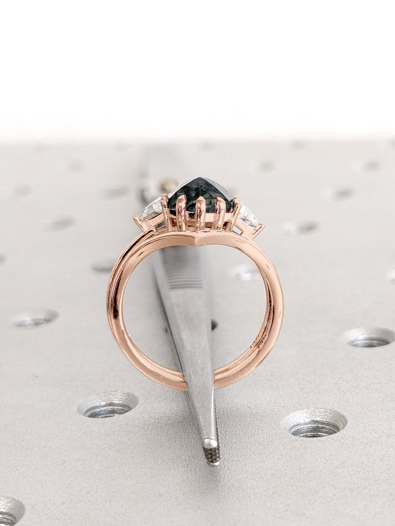 Green Moss Agate & Natural Diamond Engagement Ring | Alternative Green Gemstone Ring | Rose Gold Unique Mossy Ring | Handmade Bridal Ring