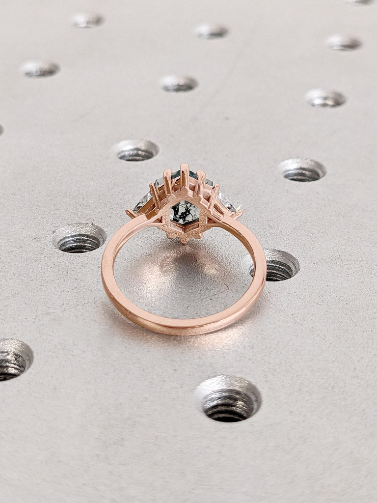 14k Rose Gold Rings for Women | 1ct Natural Moss Agate Gold Ring | Hexagon Engagement Ring | Nature Inspired Vintage Ring | Green Gemstone