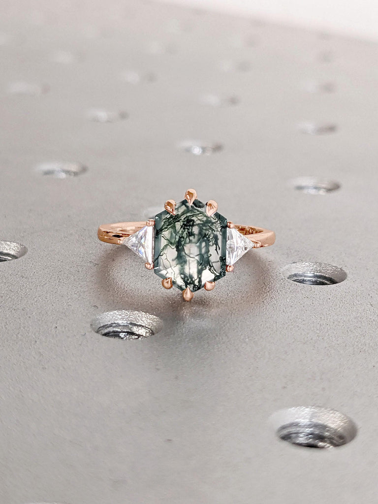 Hexagon cut Green Gemstone Engagement Ring | Natural Green Moss Agate Rose Gold Ring | Art Deco Promise Ring | Talon Prong Ring