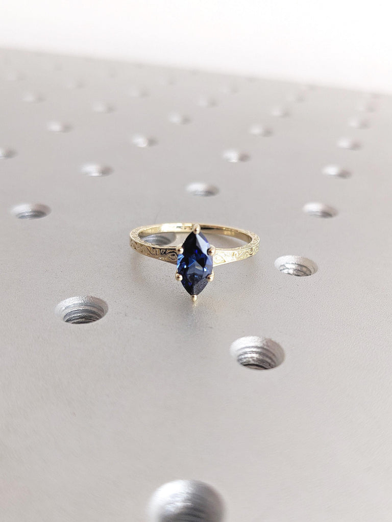 Blue Sapphire Ring, Filigree Ring, Lab Sapphire Engagement Ring, 18k/14k Solid Gold Ring