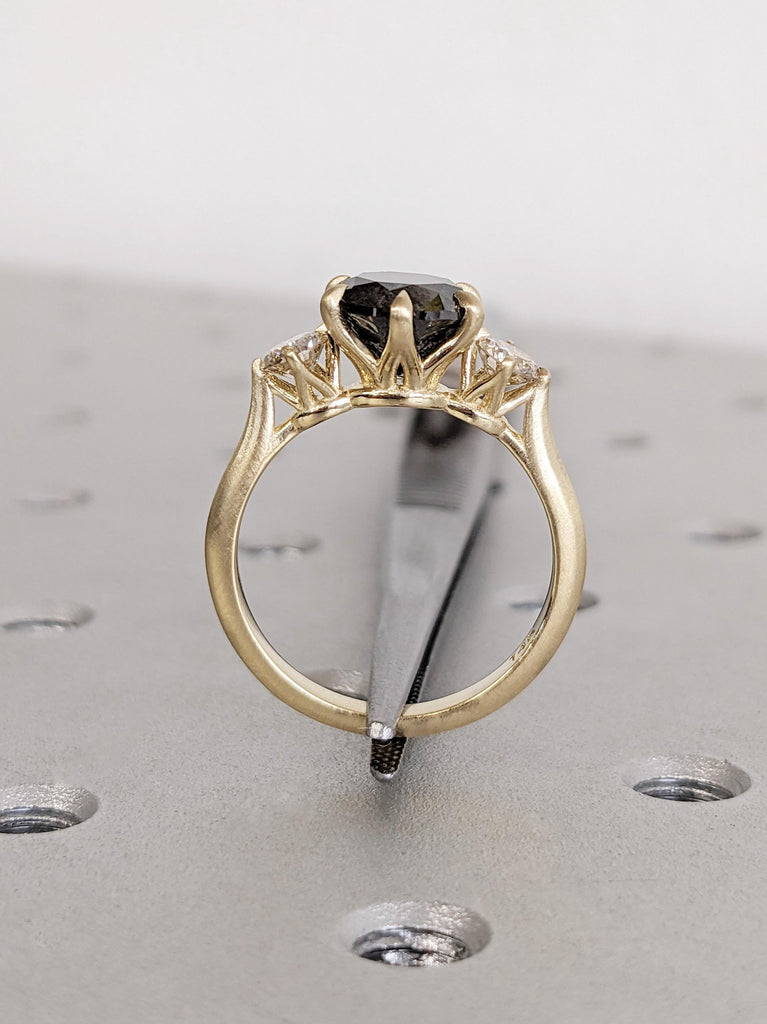 Brilliant Round Raw Salt and Pepper Diamond Engagement Ring, 14K Solid Yellow Gold 3-Stone Diamond Unique Wedding Ring, Claw Prong Gold Ring image #7