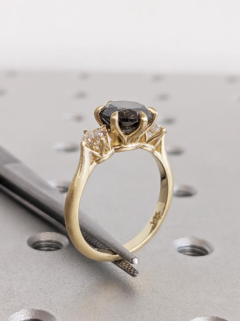 Brilliant Round Raw Salt and Pepper Diamond Engagement Ring, 14K Solid Yellow Gold 3-Stone Diamond Unique Wedding Ring, Claw Prong Gold Ring image #8
