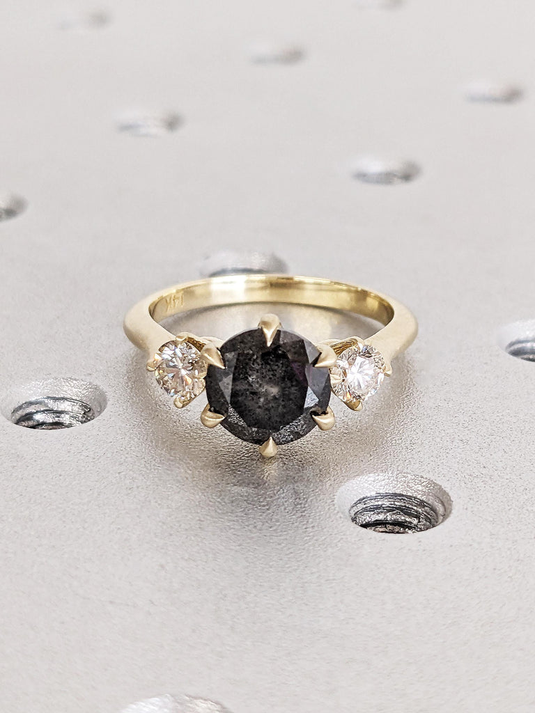 14K Solid Yellow Gold Raw Salt and Pepper Diamond Three-Stone Wedding Ring, Classic Talon Prong Round Cut Salt and Pepper Engagement Ring