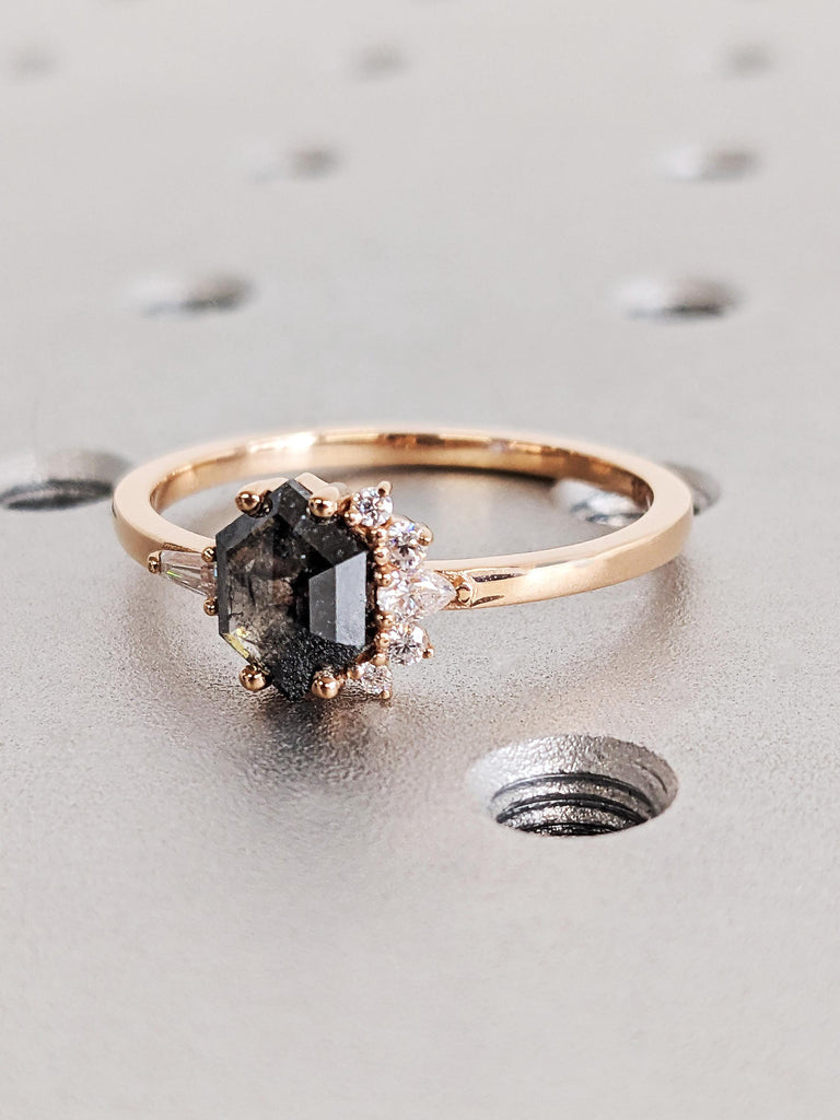 Unique 14K Rose Gold Raw Salt & Pepper Modern Engagement Ring, Minimalist Hexagon Cut Black Diamond Cluster Wedding Ring, Contemporary Ring