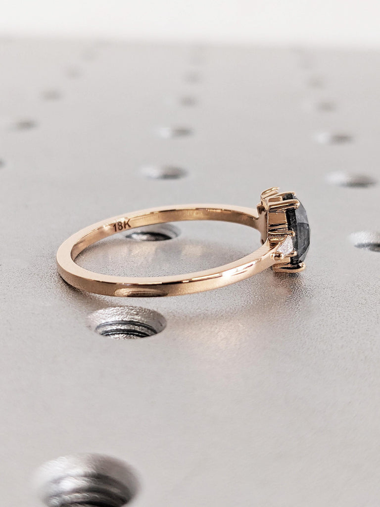 Unique 14K Rose Gold Raw Salt & Pepper Modern Engagement Ring, Minimalist Hexagon Cut Black Diamond Cluster Wedding Ring, Contemporary Ring