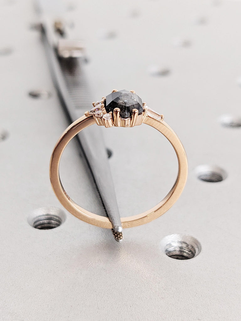 Unique 14K Rose Gold Raw Salt & Pepper Modern Engagement Ring, Minimalist Hexagon Cut Black Diamond Cluster Wedding Ring, Contemporary Ring