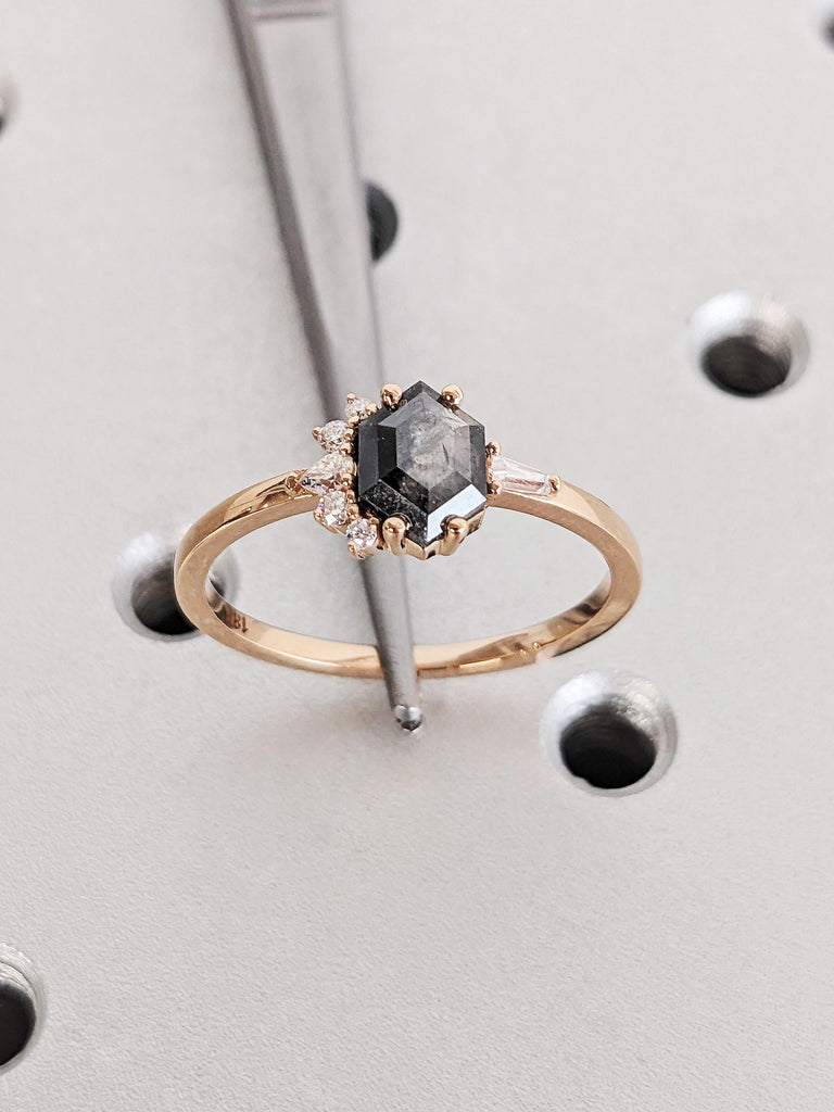 Unique 14K Rose Gold Raw Salt & Pepper Modern Engagement Ring, Minimalist Hexagon Cut Black Diamond Cluster Wedding Ring, Contemporary Ring