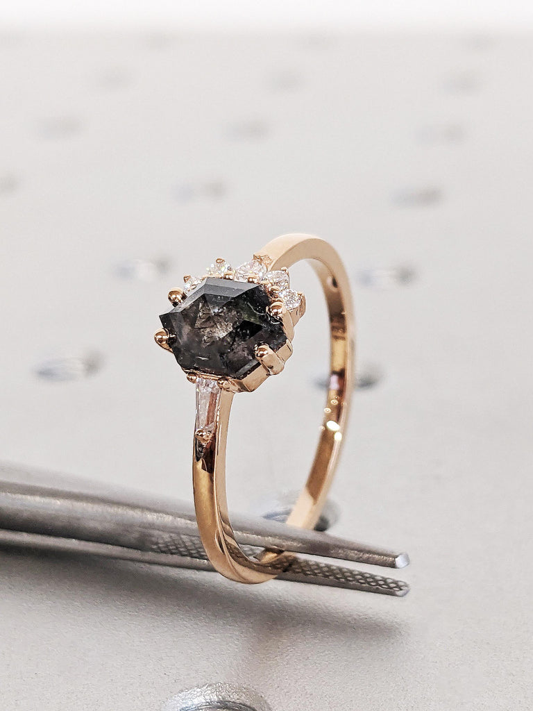 Unique Galaxy Salt and Pepper Ring Diamond Engagement Ring, 18K Rose Gold Hexagon Cut Diamond Cluster Wedding Ring, Geometric Diamond Ring