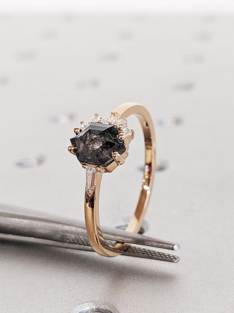 Unique 14K Rose Gold Raw Salt & Pepper Modern Engagement Ring, Minimalist Hexagon Cut Black Diamond Cluster Wedding Ring, Contemporary Ring