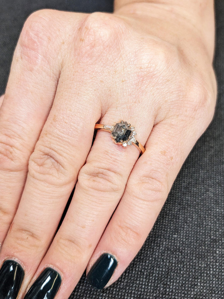 Unique 14K Rose Gold Raw Salt & Pepper Modern Engagement Ring, Minimalist Hexagon Cut Black Diamond Cluster Wedding Ring, Contemporary Ring