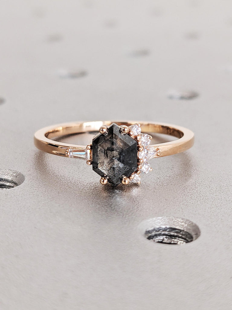 Unique 14K Rose Gold Raw Salt & Pepper Modern Engagement Ring, Minimalist Hexagon Cut Black Diamond Cluster Wedding Ring, Contemporary Ring