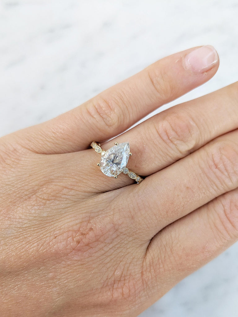 Pear Moissanite Ring, Milgrain Wedding Ring, Handmade Ring, Unique Gift for Mom
