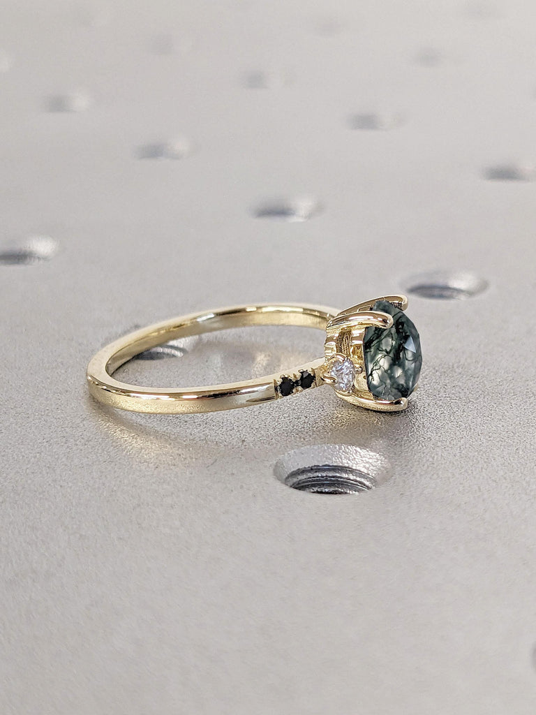 1ct Hexagon cut Moss Agate Dainty Engagement Ring | Vintage Green Moss Agate Wedding Band | Yellow Gold Black and White Diamond Ring for Her