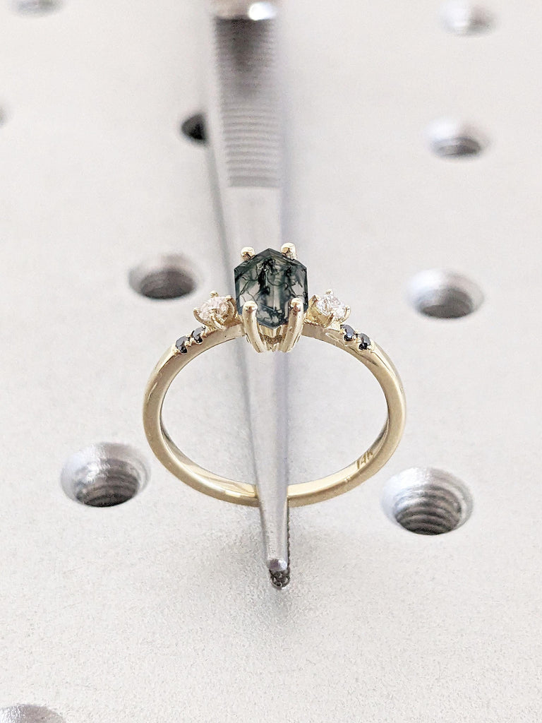 14k Yellow Gold Rings for Women | Gemstone Engagement Ring | Green Moss Ring | Rustic Organic Ring