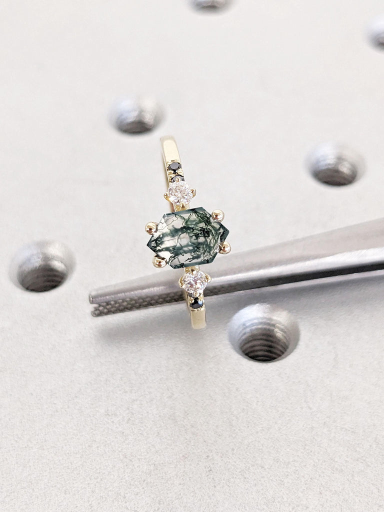 Natural Moss Agate Ring | Hexagon Engagement Ring | Green Healing Gemstone Ring | Art Deco Promise Ring for Women | Unique Anniversary Gift