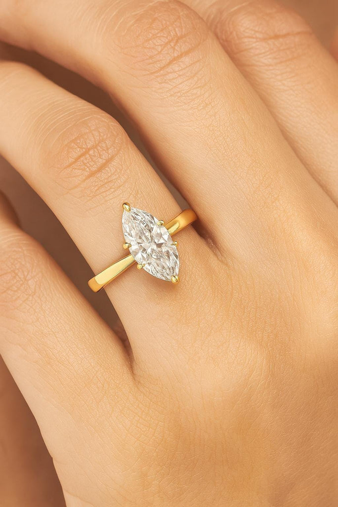 Marquise Cut Solitaire Moissanite Engagement Ring / 1.00 - 1.50 - 2.00 CT Brilliant Moissanite Solo Ring in 14K 18K Gold | Yellow Gold Wedding Ring | Plain Gold Ring
