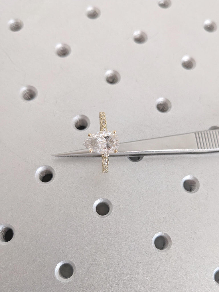 Pear Engagement Ring, Lab Grown Diamond Ring, Milgrain 18k Yellow Gold Promise Ring
