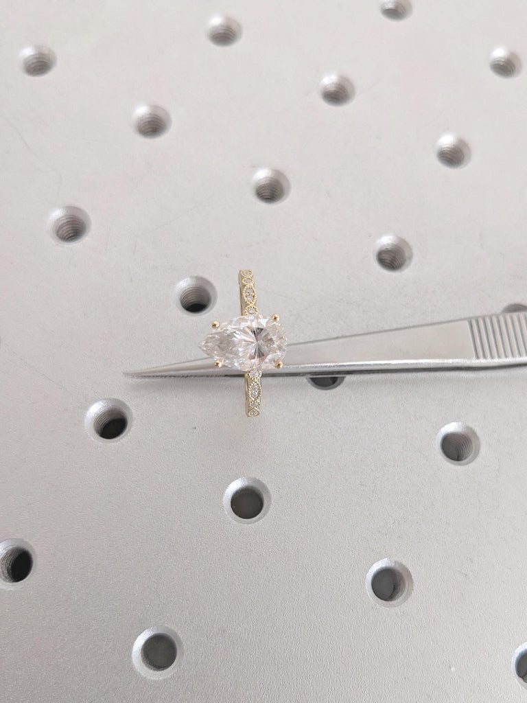 Pear Engagement Ring, Lab Grown Diamond Ring, Milgrain 18k Yellow Gold Promise Ring