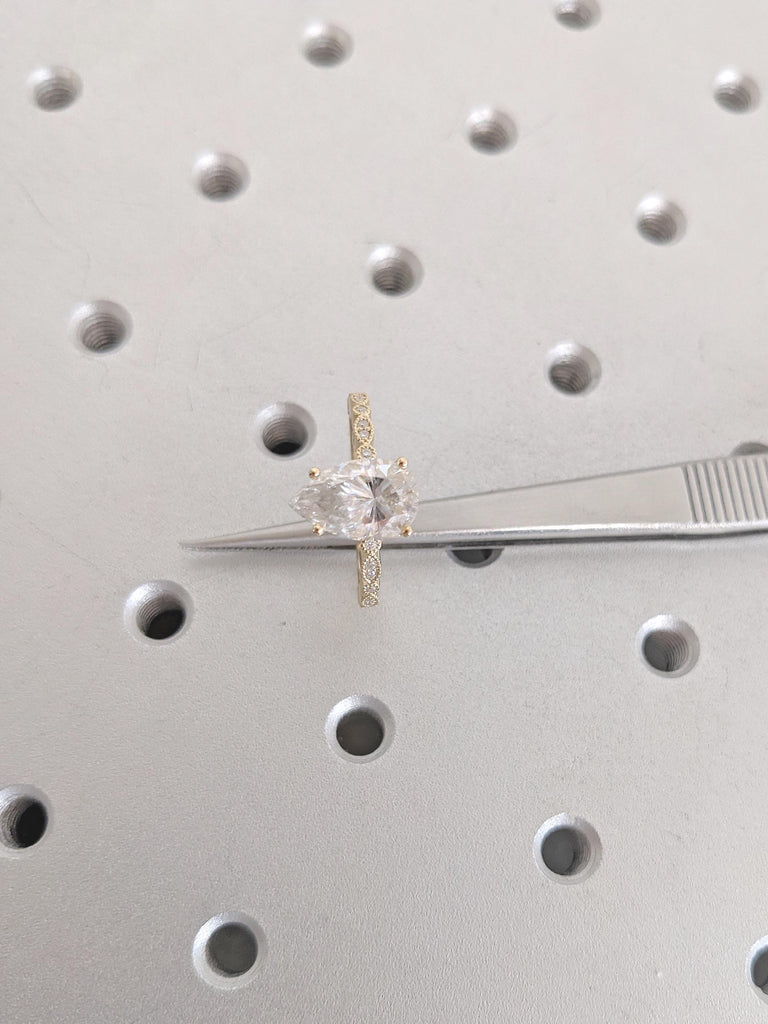 Lab Grown Diamond Engagement Ring, Pear Shaped Ring, 18k Solid Gold Diamond Ring, Art Deco Anniversary Ring, Unique Statement Ring for Women image #2