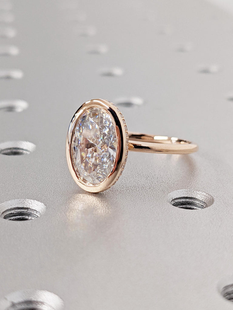 14k Rose Gold Oval Cut Moissanite Engagement Ring, Bezel Set Hidden Halo Diamond Wedding Ring, Custom Rose Gold Anniversary Ring For Her