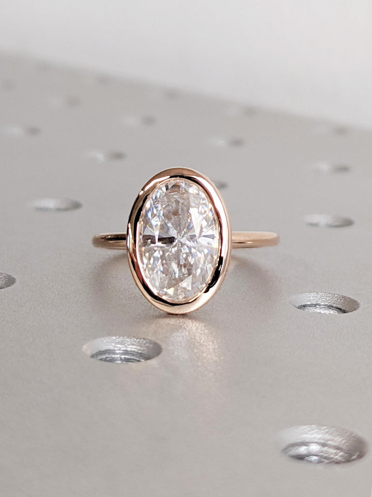 14k Rose Gold Oval Cut Moissanite Engagement Ring, Bezel Set Hidden Halo Diamond Wedding Ring, Custom Rose Gold Anniversary Ring For Her