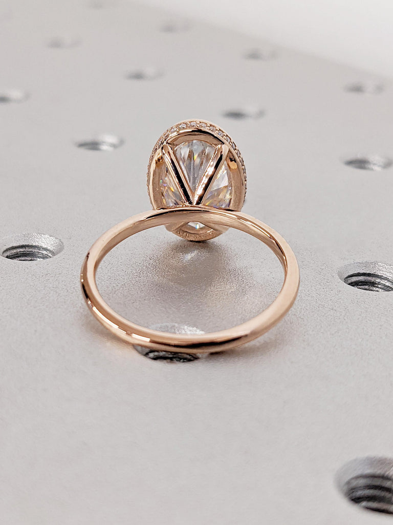 14k Rose Gold Oval Cut Moissanite Engagement Ring, Bezel Set Hidden Halo Diamond Wedding Ring, Custom Rose Gold Anniversary Ring For Her