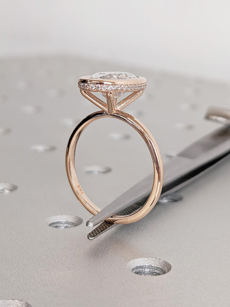 14k Rose Gold Oval Cut Moissanite Engagement Ring, Bezel Set Hidden Halo Diamond Wedding Ring, Custom Rose Gold Anniversary Ring For Her