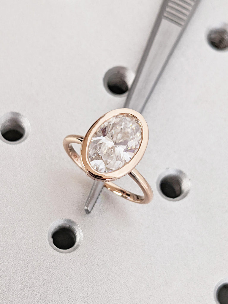14k Rose Gold Oval Cut Moissanite Engagement Ring, Bezel Set Hidden Halo Diamond Wedding Ring, Custom Rose Gold Anniversary Ring For Her