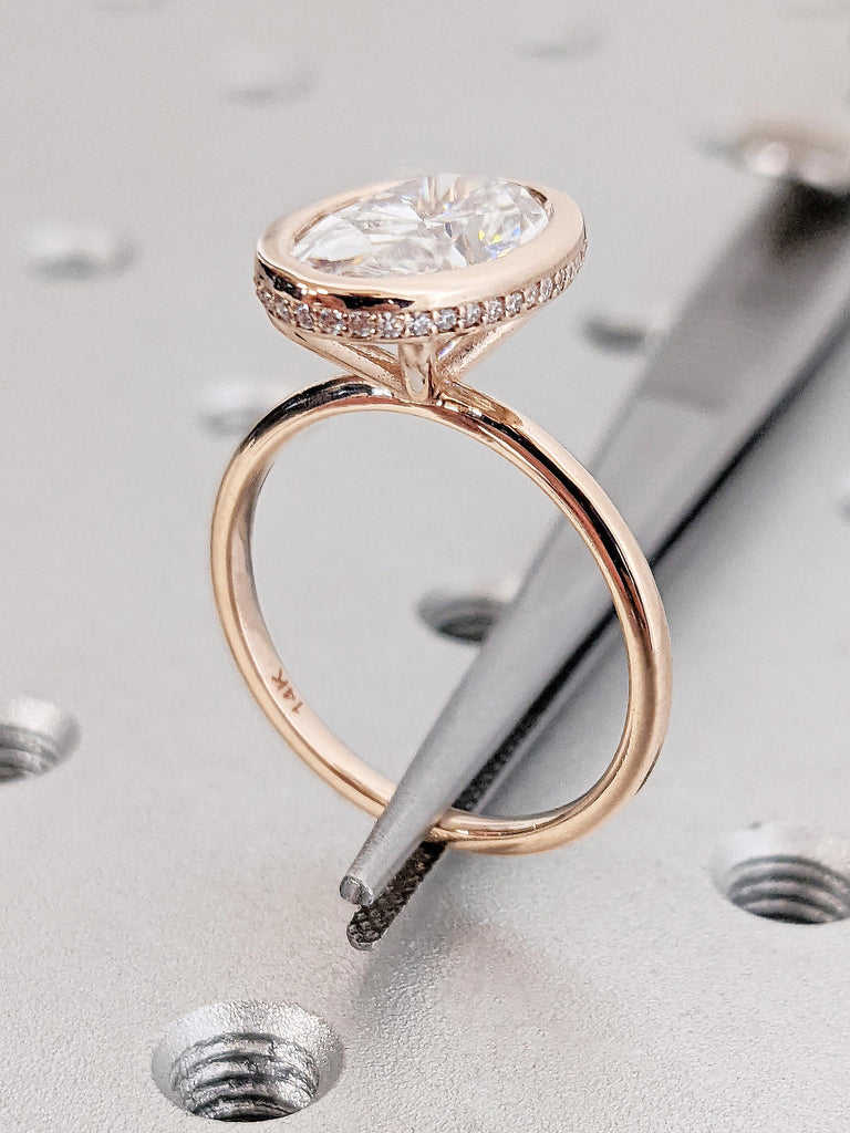 14k Rose Gold Oval Cut Moissanite Engagement Ring, Bezel Set Hidden Halo Diamond Wedding Ring, Custom Rose Gold Anniversary Ring For Her