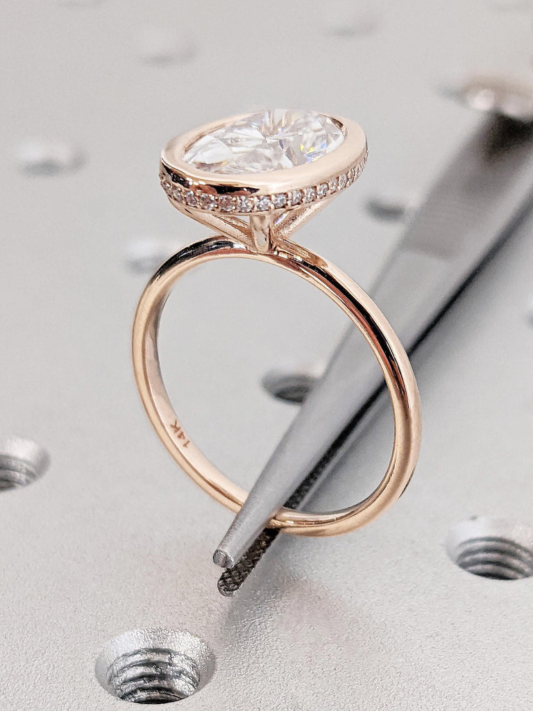 Oval Cut Moissanite Bridal Ring, Slim 14K Solid Rose Gold Bezel Set Engagement Ring, Dainty Hidden Halo Diamond Wedding Band, Milestone Ring