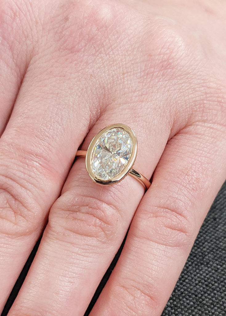 14k Rose Gold Oval Cut Moissanite Engagement Ring, Bezel Set Hidden Halo Diamond Wedding Ring, Custom Rose Gold Anniversary Ring For Her