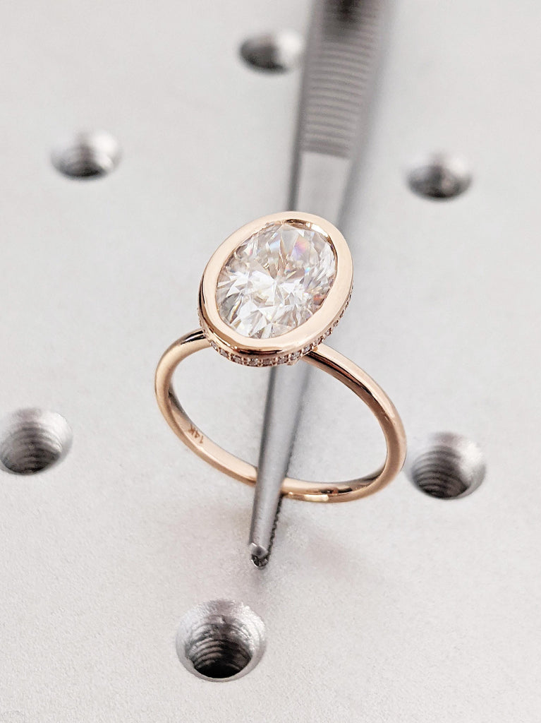 14k Rose Gold Oval Cut Moissanite Engagement Ring, Bezel Set Hidden Halo Diamond Wedding Ring, Custom Rose Gold Anniversary Ring For Her
