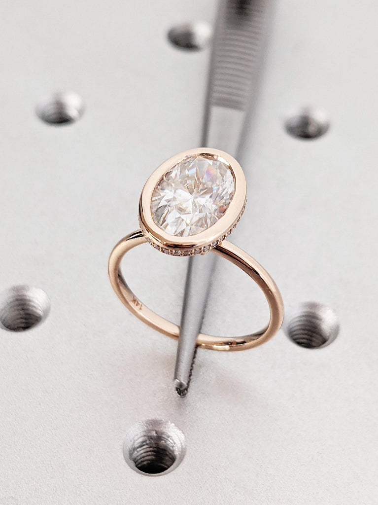 Oval Cut Moissanite Bridal Ring, Slim 14K Solid Rose Gold Bezel Set Engagement Ring, Dainty Hidden Halo Diamond Wedding Band, Milestone Ring