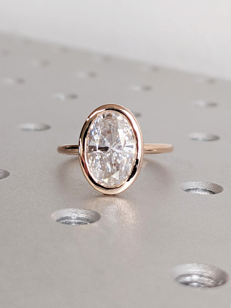 14K Solid Rose Gold Lab Diamond Wedding Ring, Oval Cut Lab Grown Diamond Forever Ring, Sleek Pavé Hidden Halo Diamond Ring, Promise Ring