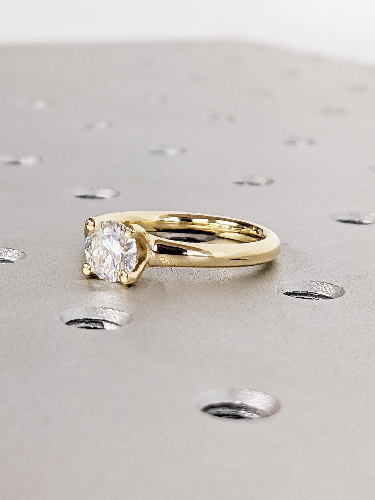 14K Solid Yellow Gold Round Brilliant Moissanite Modern Engagement Ring, Classic 4-Prong Moissanite Diamond Ring, Anniversary Gift for Her
