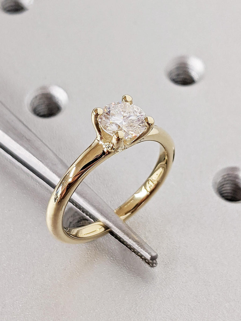 14K Solid Yellow Gold Round Brilliant Moissanite Modern Engagement Ring, Classic 4-Prong Moissanite Diamond Ring, Anniversary Gift for Her