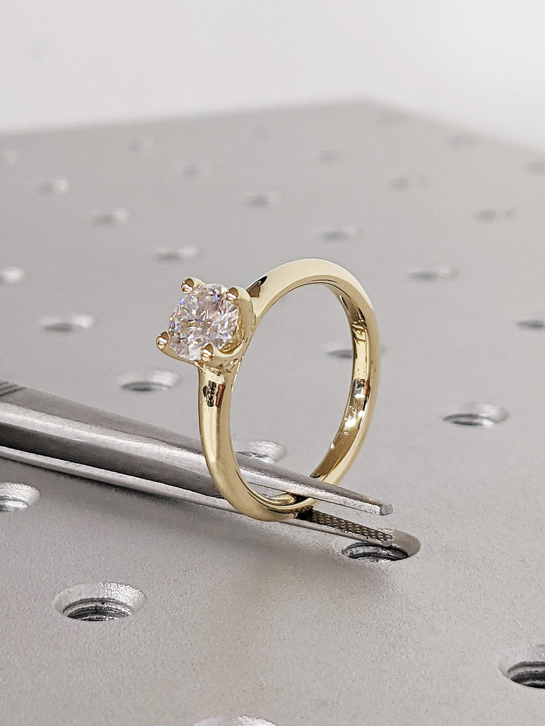 14K Solid Yellow Gold Round Brilliant Moissanite Modern Engagement Ring, Classic 4-Prong Moissanite Diamond Ring, Anniversary Gift for Her