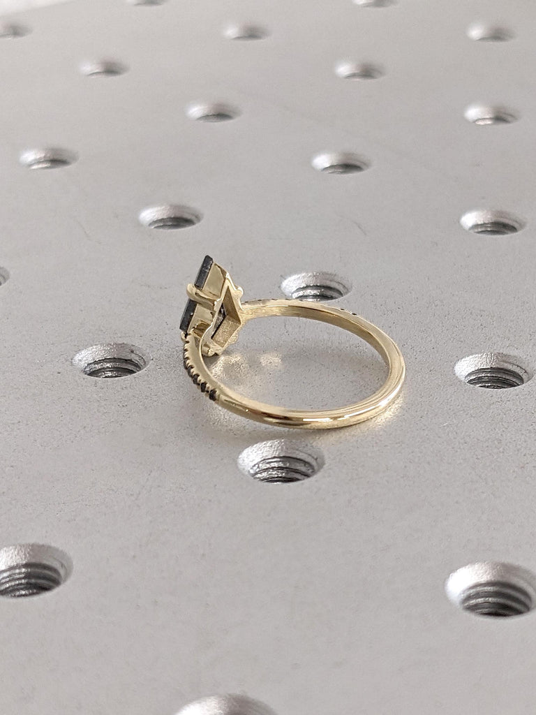 Salt and Pepper Bridal Jewelry Kite Shape Ring | Handmade Diamond Ring | Vintage Yellow Gold Wedding Ring | Paved Black Diamond Wedding Band