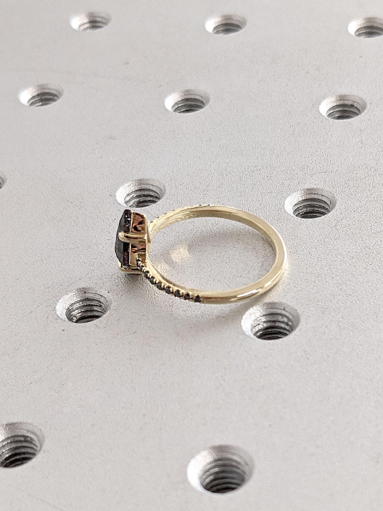 Salt and Pepper Bridal Jewelry Kite Shape Ring | Handmade Diamond Ring | Vintage Yellow Gold Wedding Ring | Paved Black Diamond Wedding Band