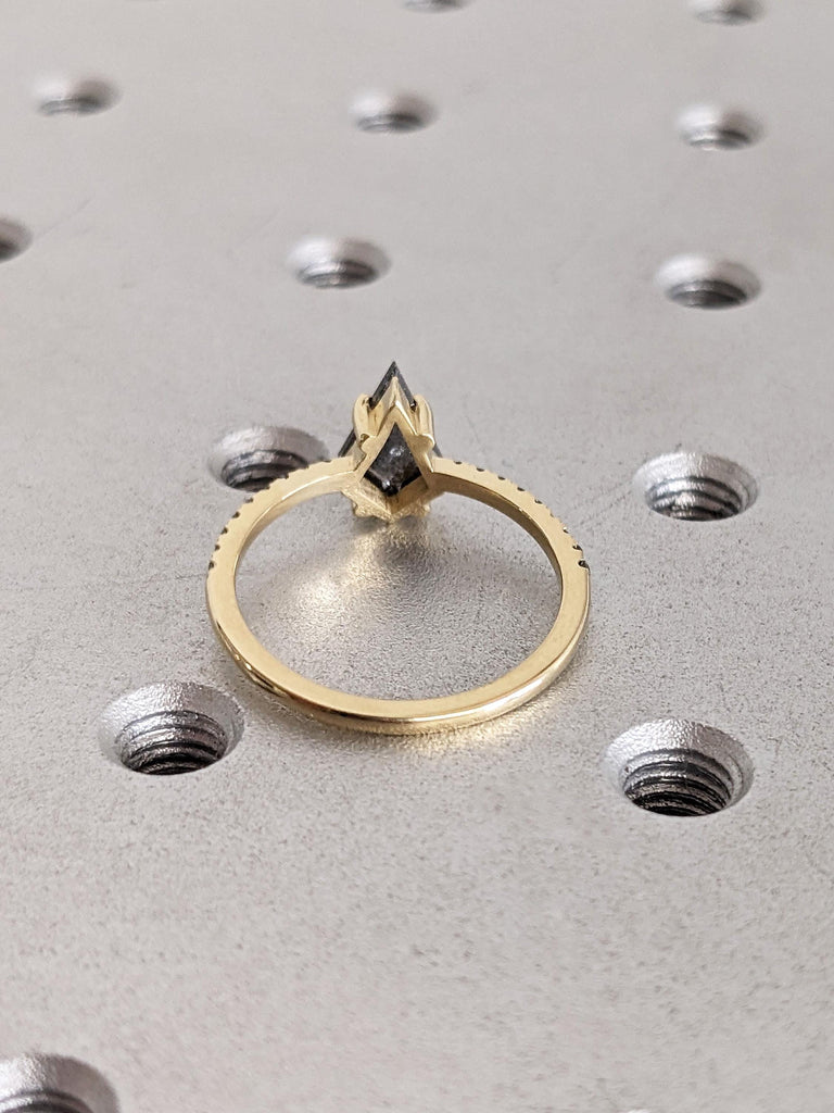 Salt and Pepper Bridal Jewelry Kite Shape Ring | Handmade Diamond Ring | Vintage Yellow Gold Wedding Ring | Paved Black Diamond Wedding Band
