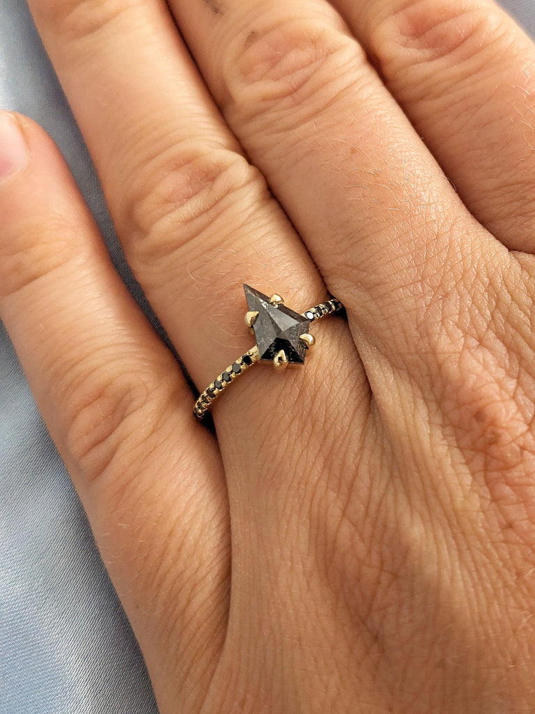 Kite cut Black Diamond Ring | 1CT Salt and Pepper Diamond 14k Yellow Gold Unique Engagement Ring | Half Eternity Kite cut Ring | Black Stone Ring for Women
