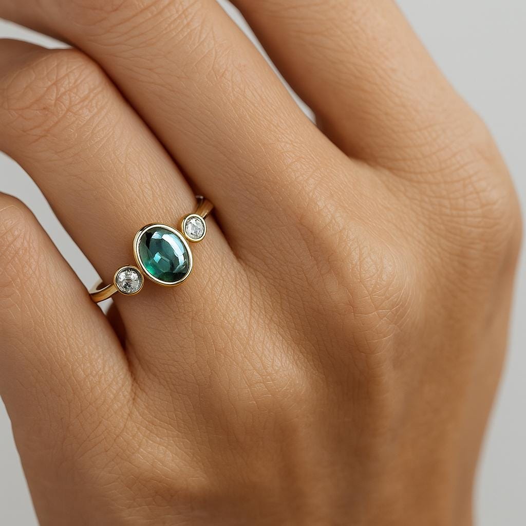 Oval Teal Sapphire Ring with Diamond Accents, Bezel Set Sapphire Ring, 14K Yellow Gold Blue Green Peacock Sapphire Bridal Ring, 3 Stone Ring