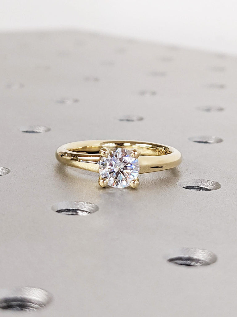 14K Solid Yellow Gold Lab Grown Diamond Modern Engagement Ring, Minimalist Round Cut Eco-Friendly Lab Diamond Wedding Ring, Dainty Gold Ring