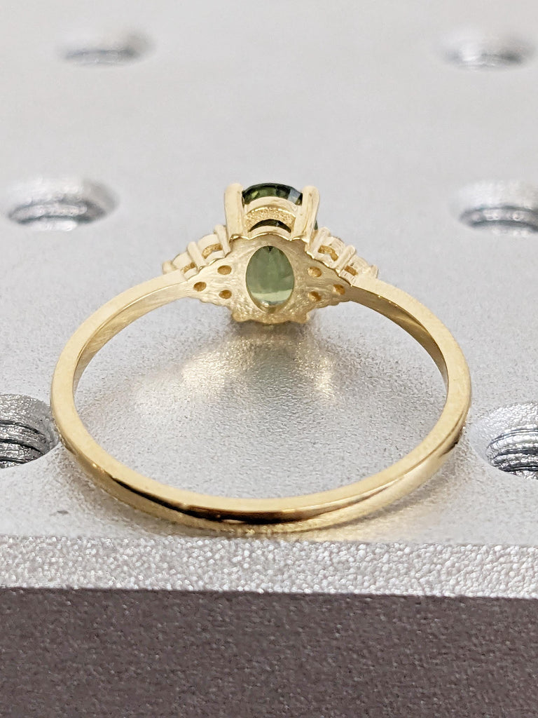 Unique Teal Sapphire Engagement Ring, 18k Gold Oval Engagement Ring, Blue Green Sapphire Promise Ring, Moissanite Cluster Ring, Gift for Her