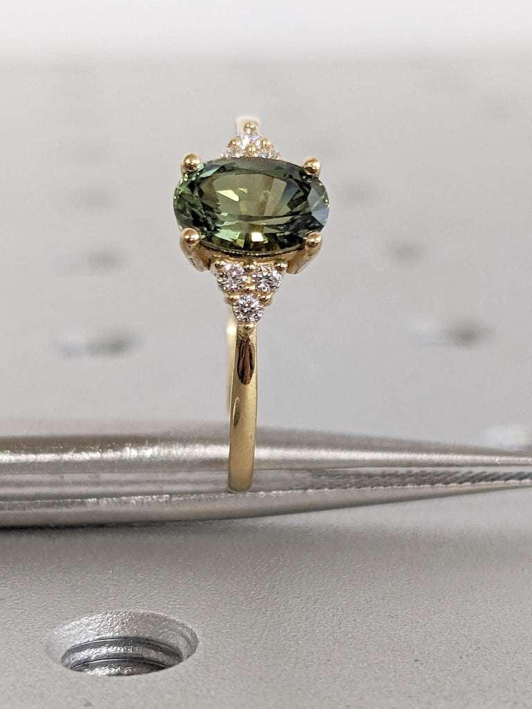 Unique Teal Sapphire Engagement Ring, 18k Gold Oval Engagement Ring, Blue Green Sapphire Promise Ring, Moissanite Cluster Ring, Gift for Her