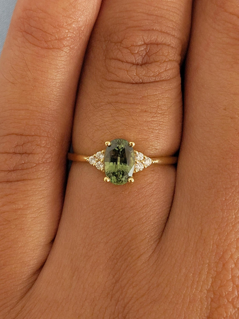 Unique Teal Sapphire Engagement Ring, 18k Gold Oval Engagement Ring, Blue Green Sapphire Promise Ring, Moissanite Cluster Ring, Gift for Her