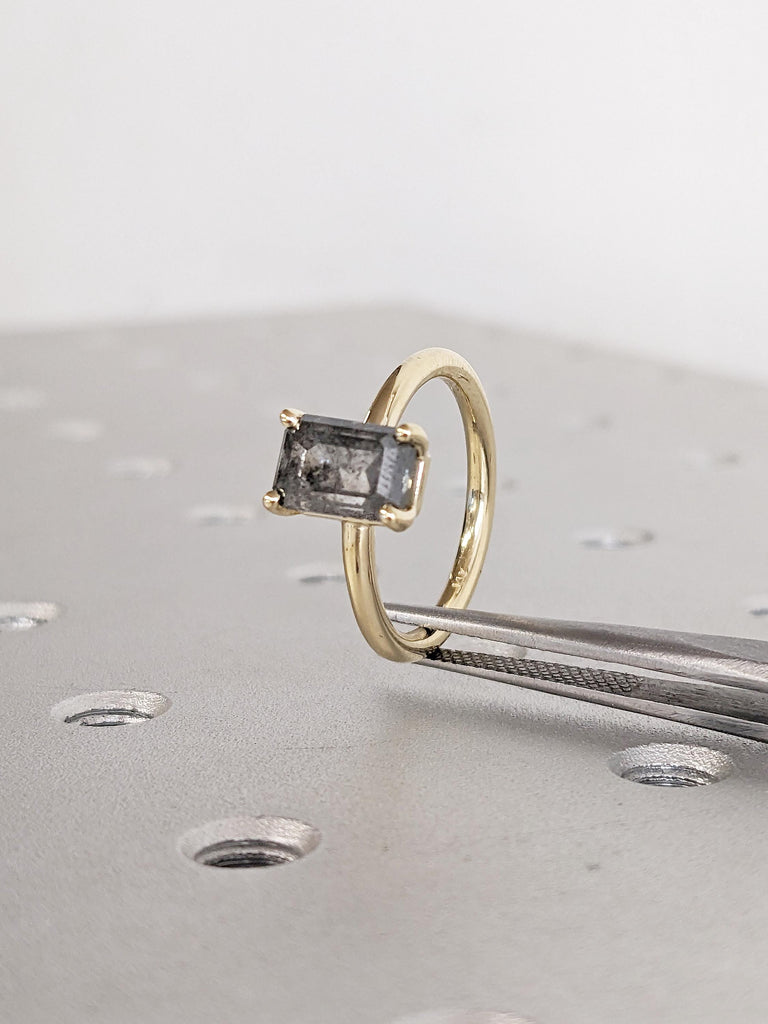 Salt and Pepper Diamond Ring, Emerald Cut Engagement Ring, Minimalist Ring, Dainty 14k Gold Ring, Anniversary Gift for Her, Low Profile Ring