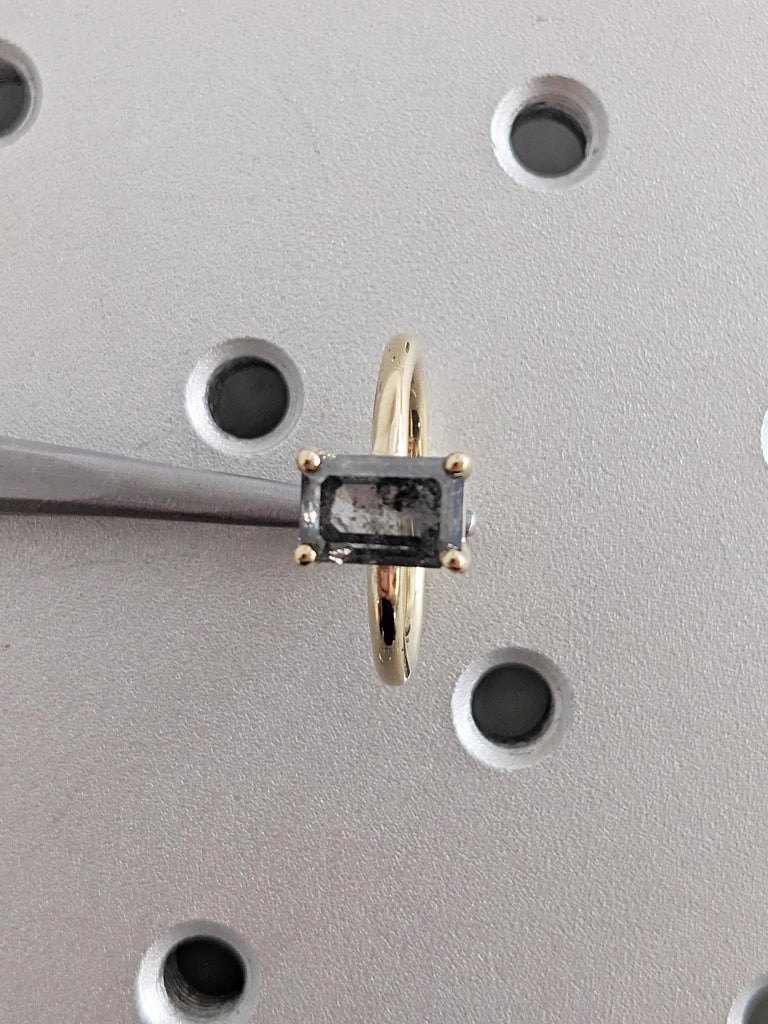 Unique Salt and Pepper Diamond Ring, Vintage Engagement Ring, 14k Solid Gold Ring, Emerald Cut Ring, Solitaire Ring, Promise Ring for Her